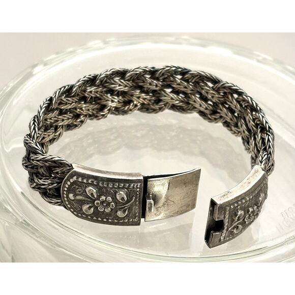 Vintage Sterling Silver Floral Clasp Braided 8” Bracelet 60g - Picture 3 of 7